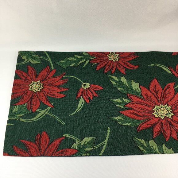 Poinsettia 69 x 13 Christmas Table Runner Red & Green Floral Holiday Tapestry - Picture 3 of 16